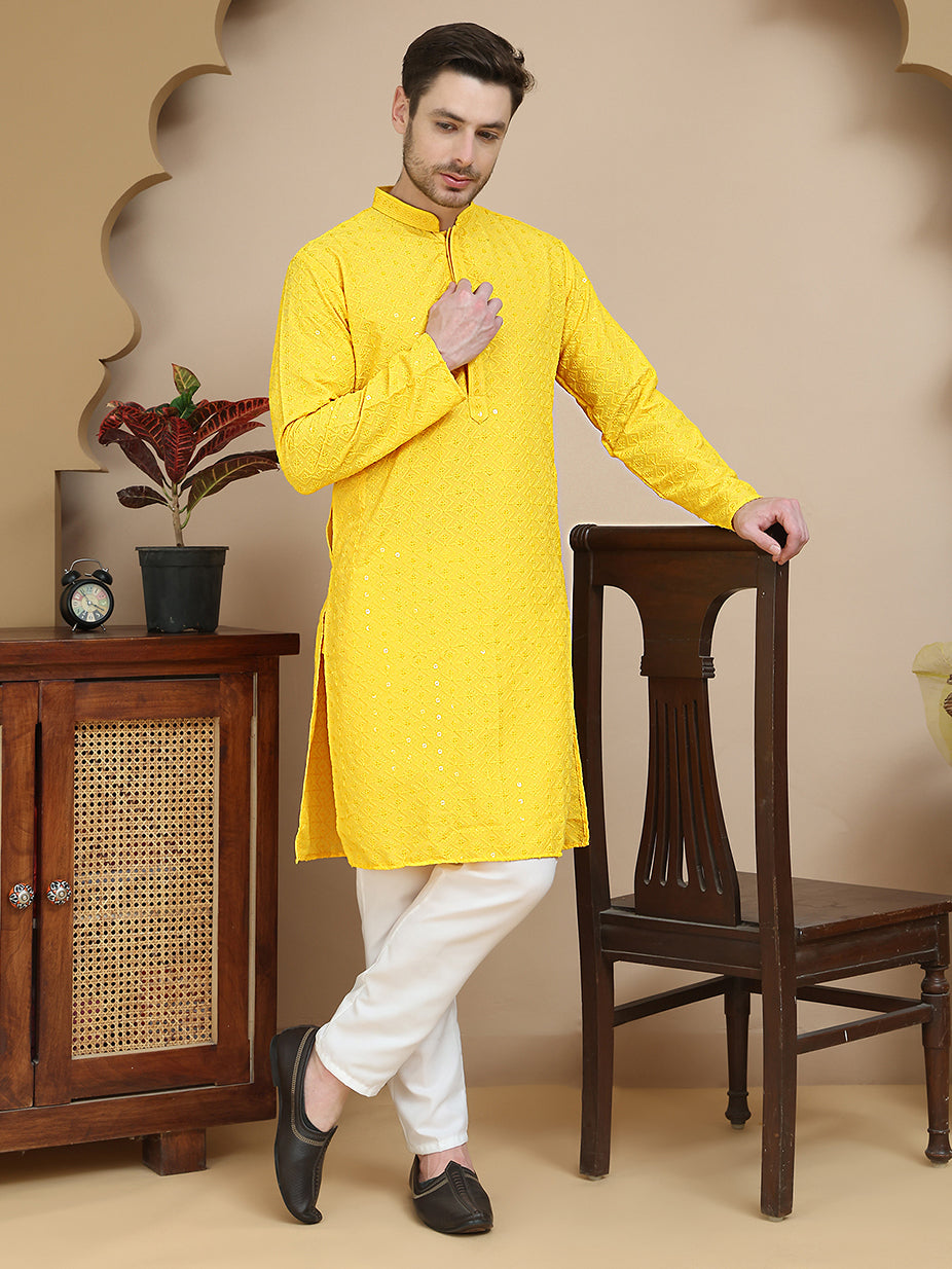 Embroidered Cotton Kurta With Pyjama For Men