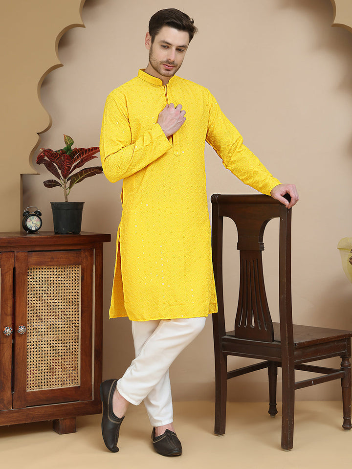 Embroidered Cotton Kurta With Pyjama For Men
