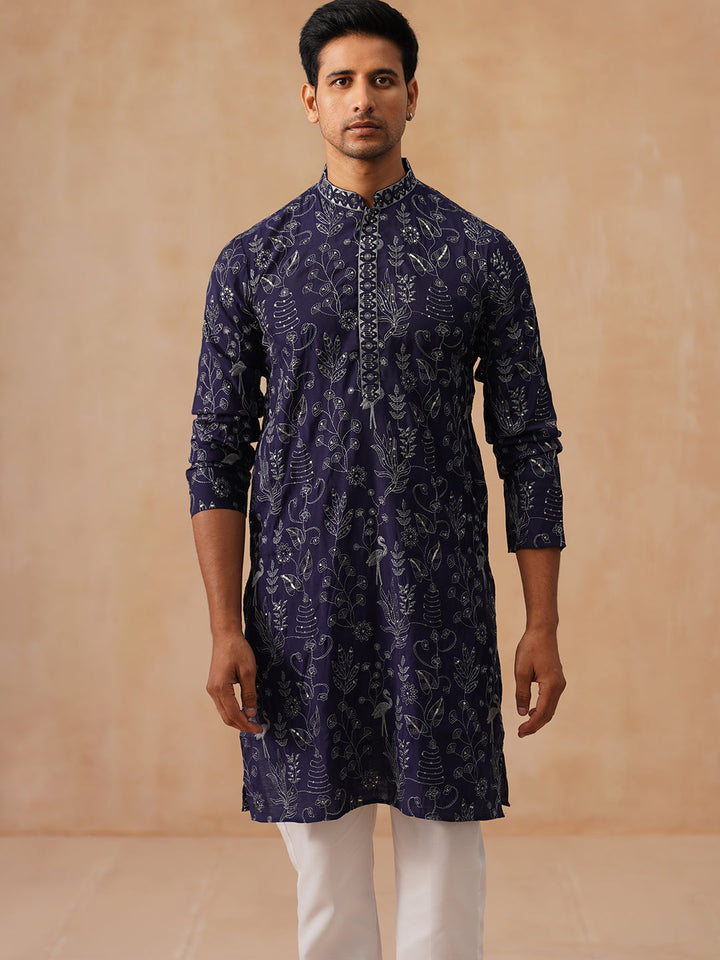 Embroidered Silk Blend Kurta Set For Men