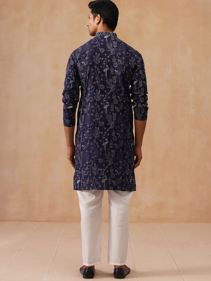 Embroidered Silk Blend Kurta Set For Men