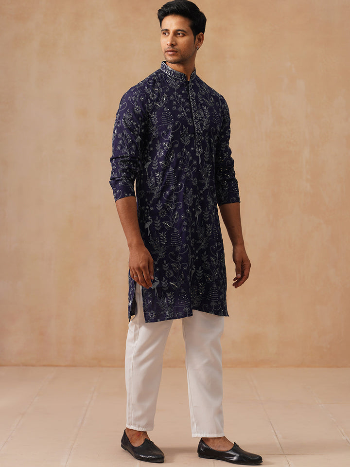 Embroidered Silk Blend Kurta Set For Men