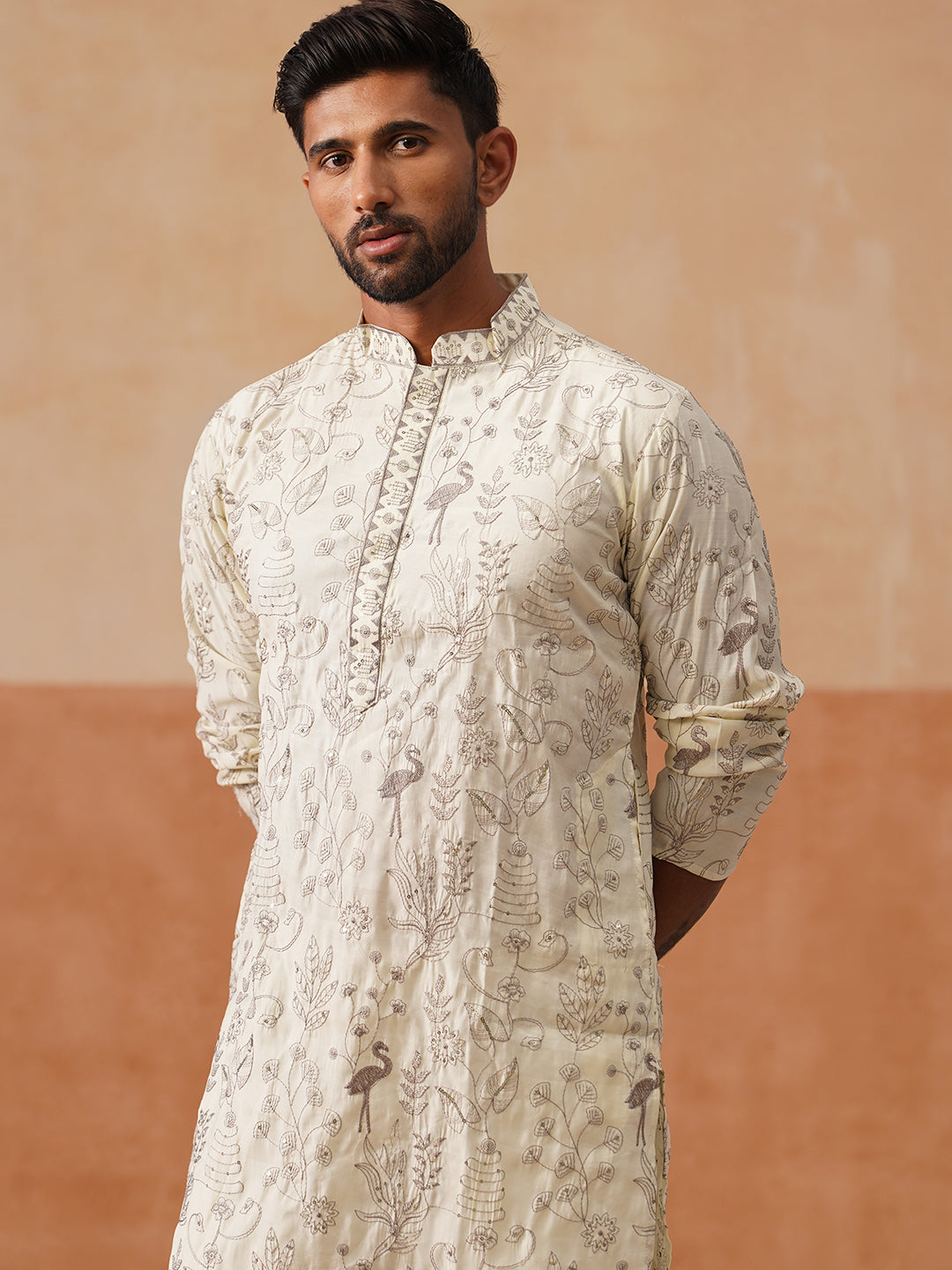 Embroidered Silk Blend Kurta Set For Men