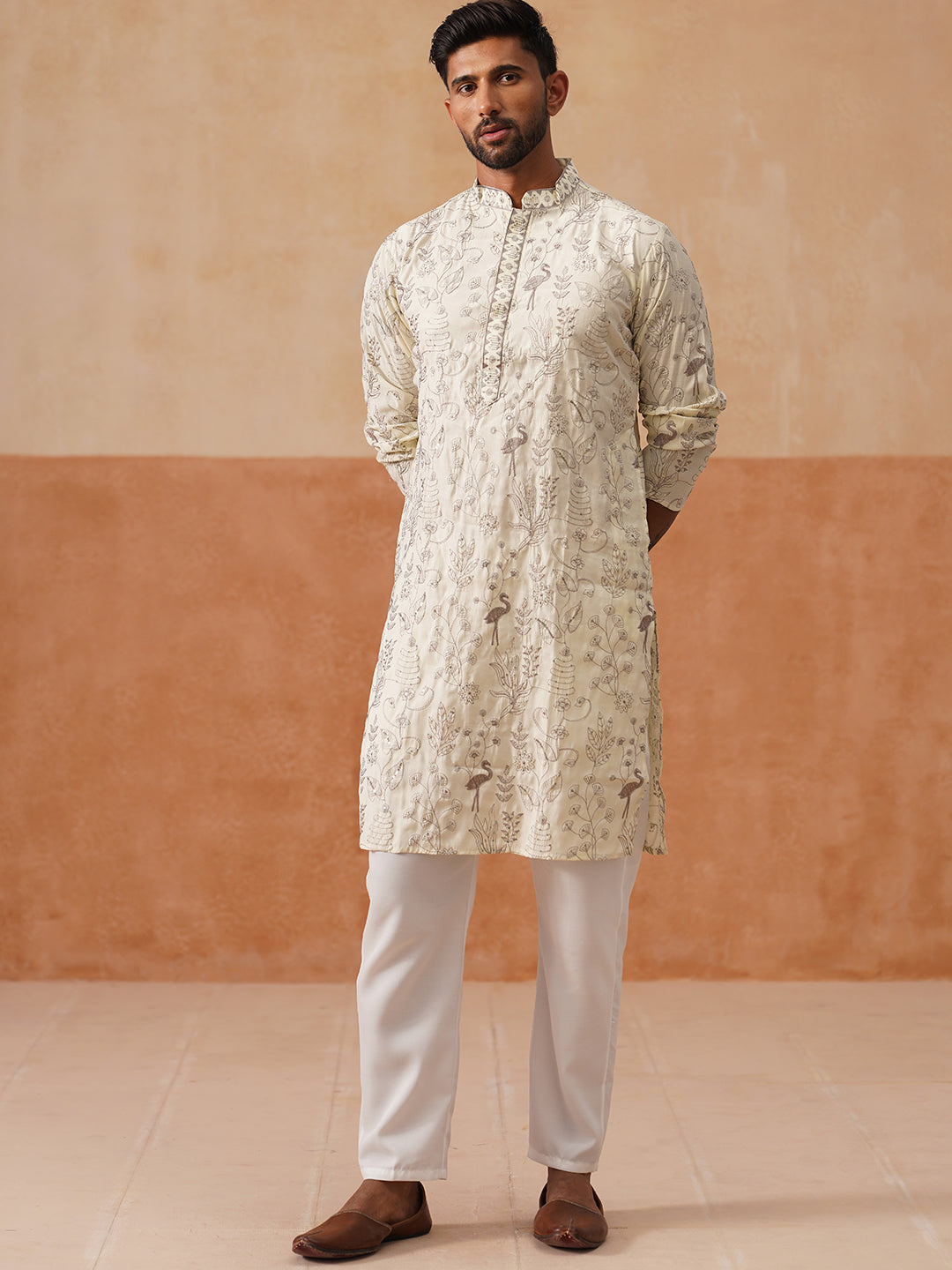 Embroidered Silk Blend Kurta Set For Men
