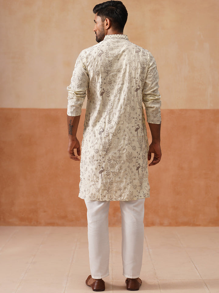 Embroidered Silk Blend Kurta Set For Men