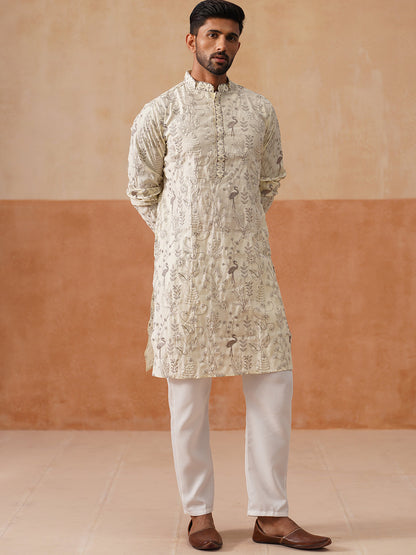 Embroidered Silk Blend Kurta Set For Men