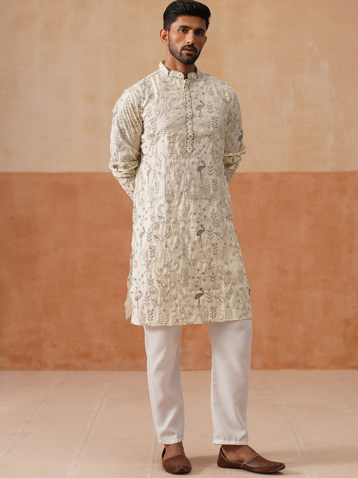 Embroidered Silk Blend Kurta Set For Men