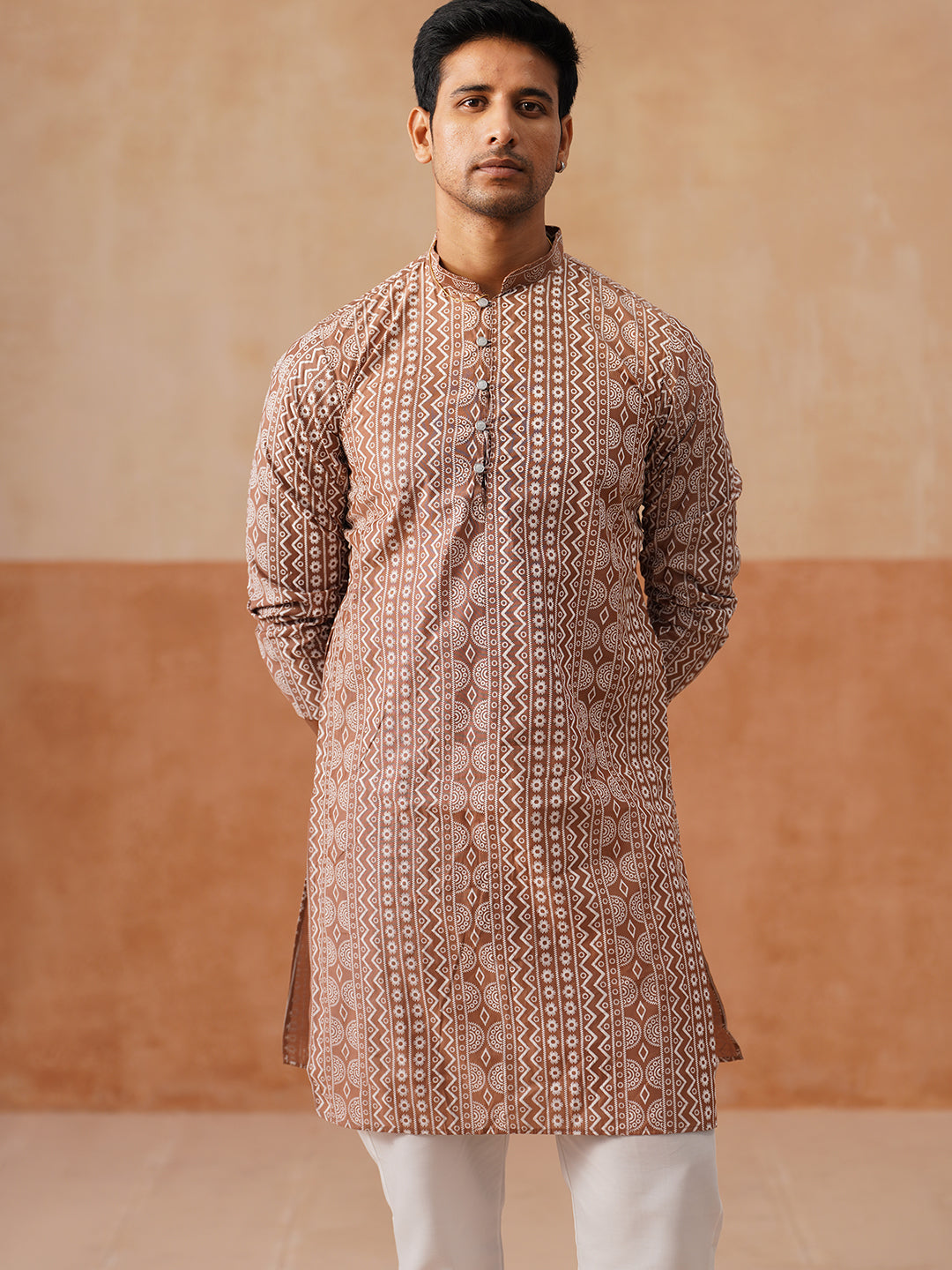 Geometric Print Silk Blend Straight Kurta Set For Men