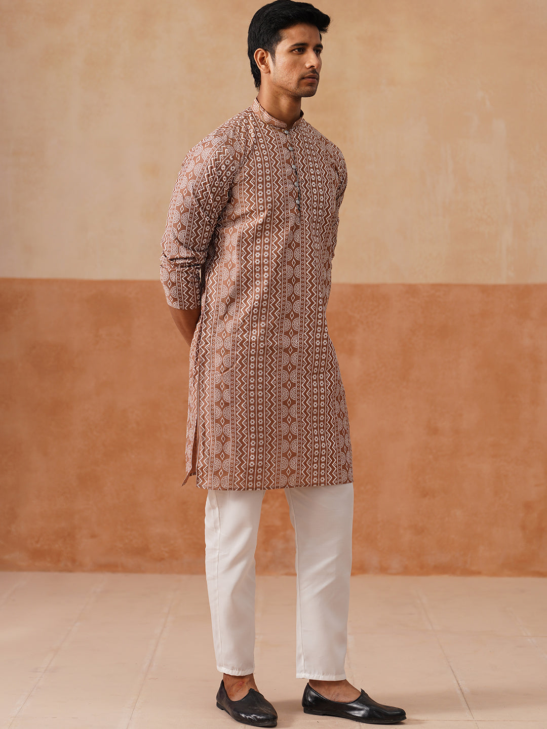 Geometric Print Silk Blend Straight Kurta Set For Men