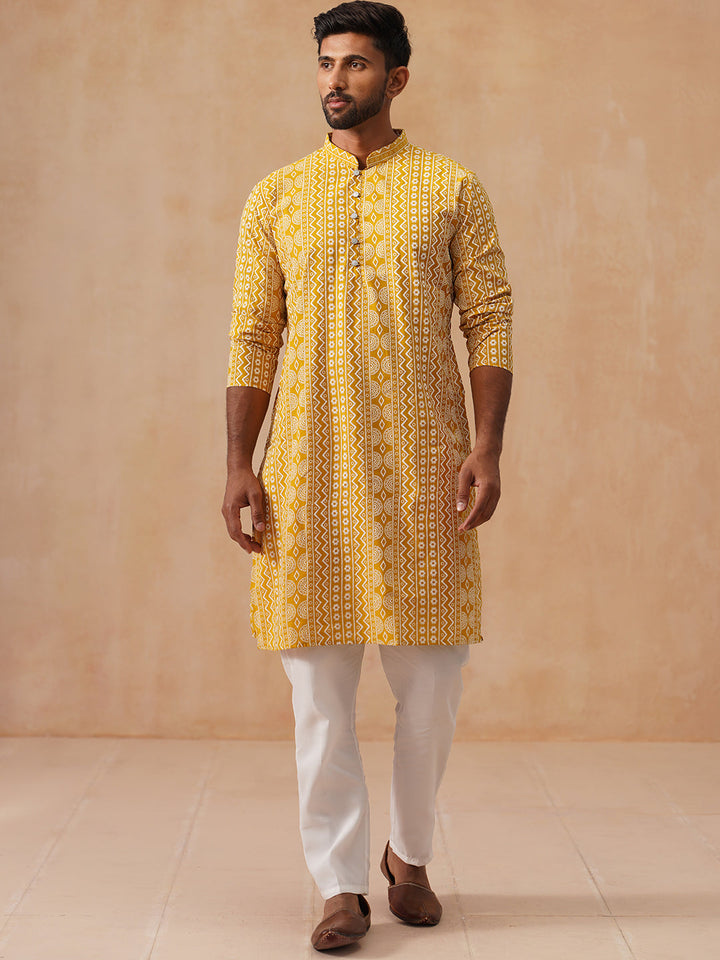 Geometric Print Silk Blend Straight Kurta Set For Men