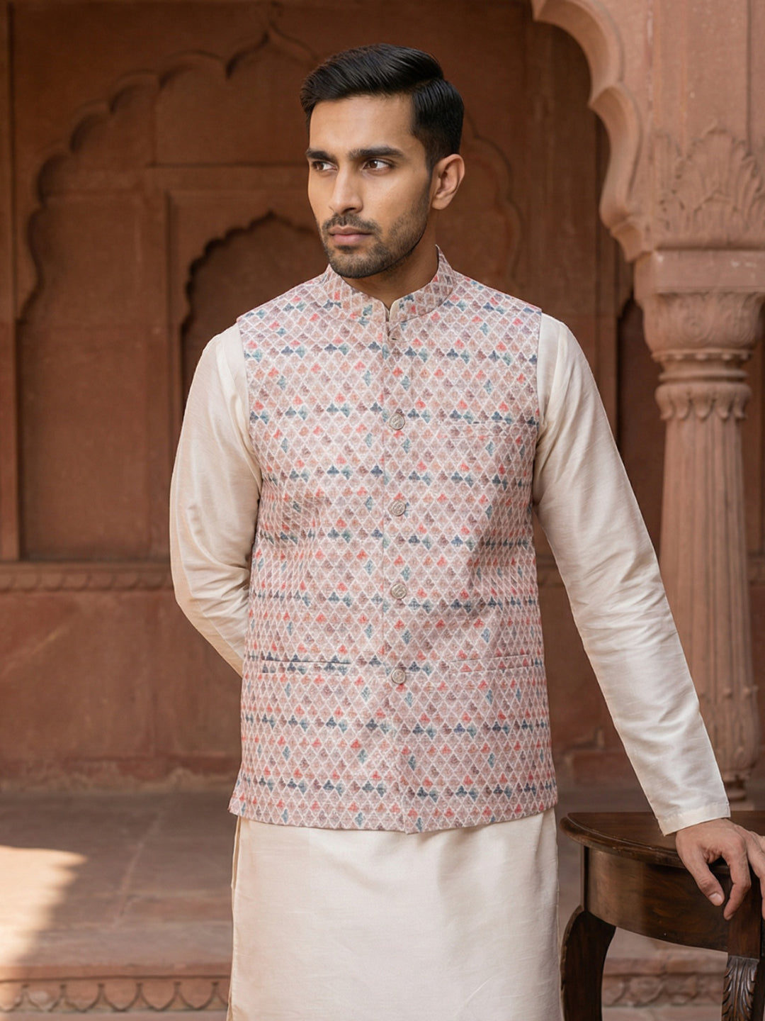Floral Printed And Embroidered Nehru Jacket For Men