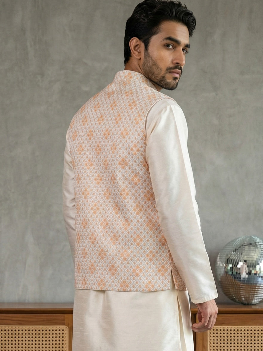 Floral Printed And Embroidered Nehru Jacket For Men