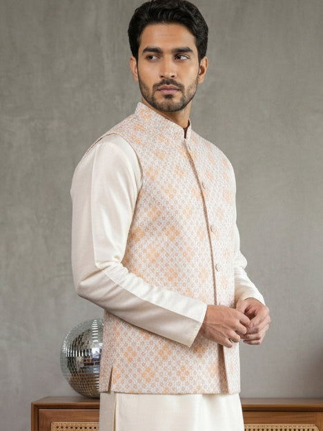 Floral Printed And Embroidered Nehru Jacket For Men