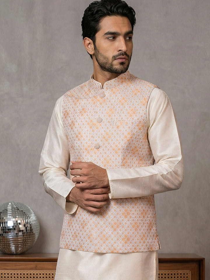 Floral Printed And Embroidered Nehru Jacket For Men
