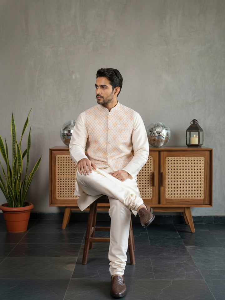 Floral Printed And Embroidered Nehru Jacket For Men