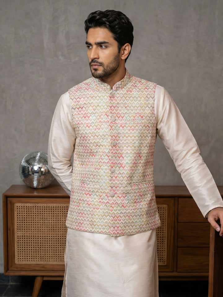 Floral Printed And Embroidered Nehru Jacket For Men