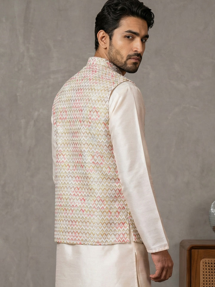 Floral Printed And Embroidered Nehru Jacket For Men