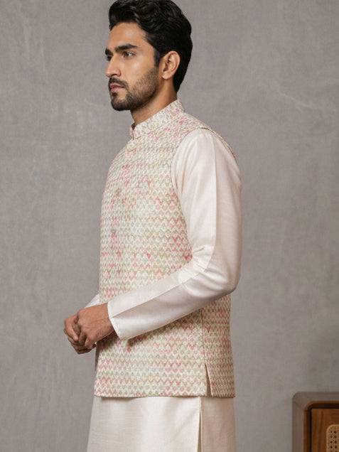 Floral Printed And Embroidered Nehru Jacket For Men