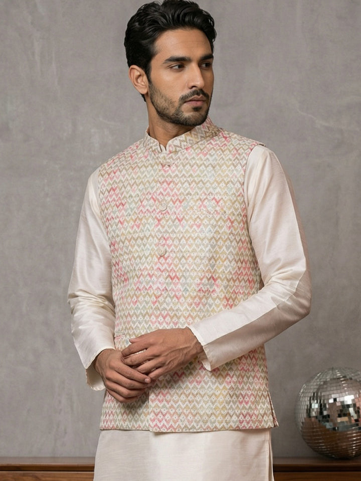 Floral Printed And Embroidered Nehru Jacket For Men