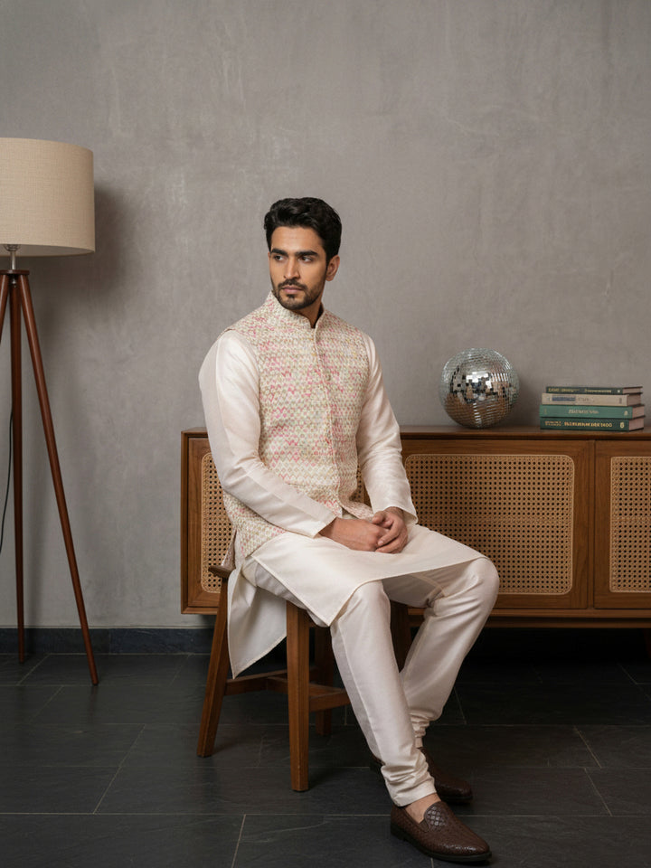 Floral Printed And Embroidered Nehru Jacket For Men