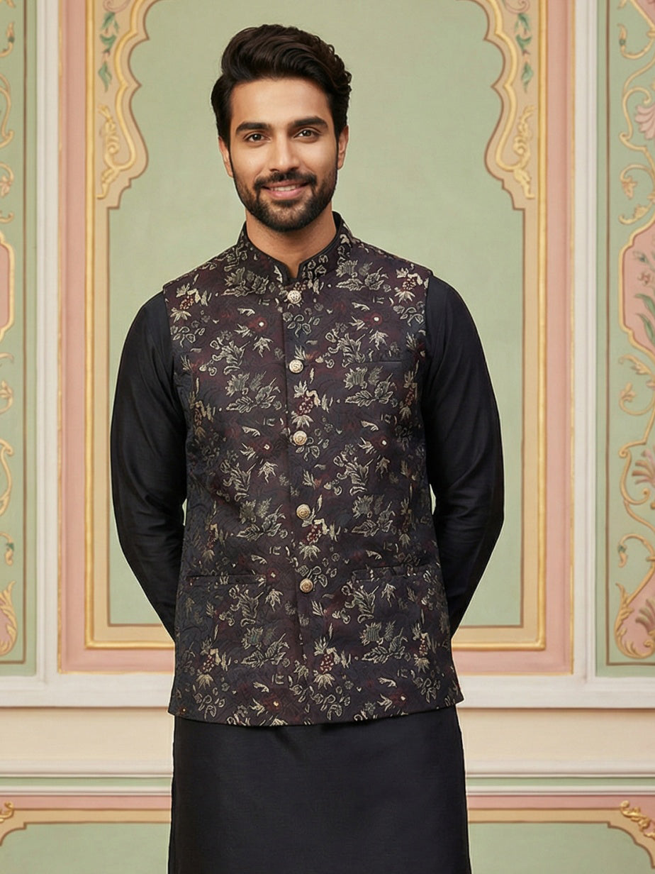 Embossed Silk Blend Nehru Jacket