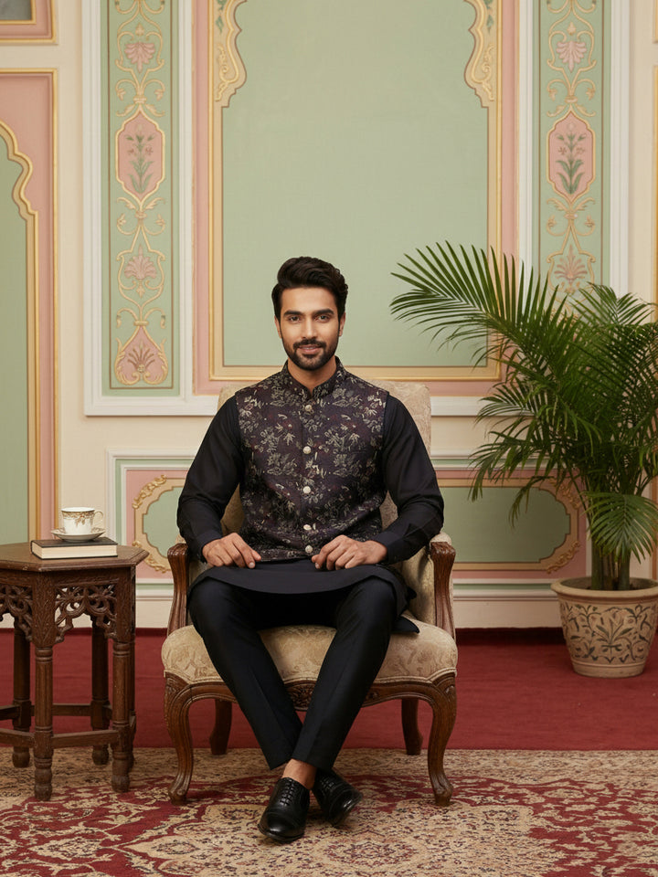 Embossed Silk Blend Nehru Jacket