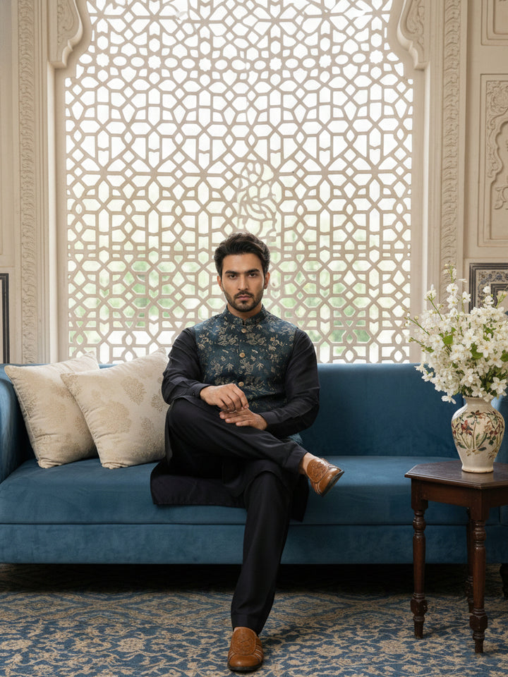Embossed Silk Blend Nehru Jacket