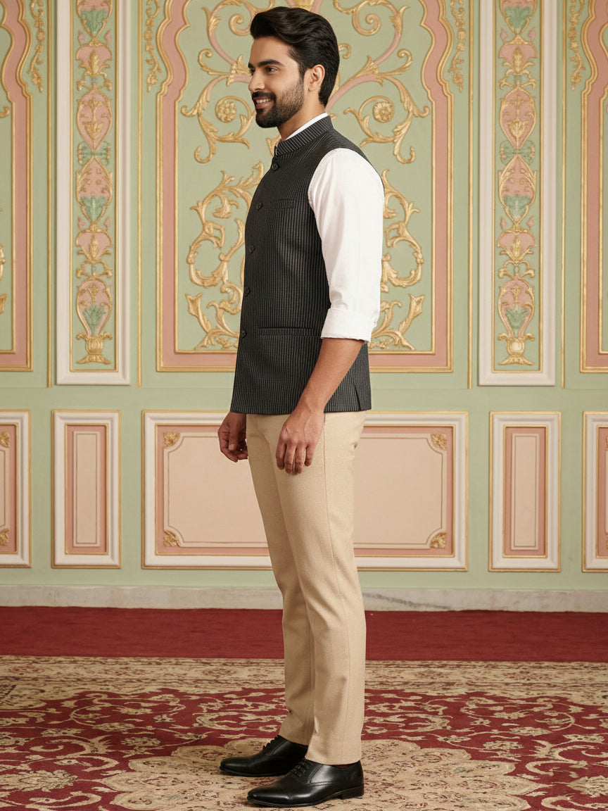 Navy Striped Woven Nehru Jacket For Men