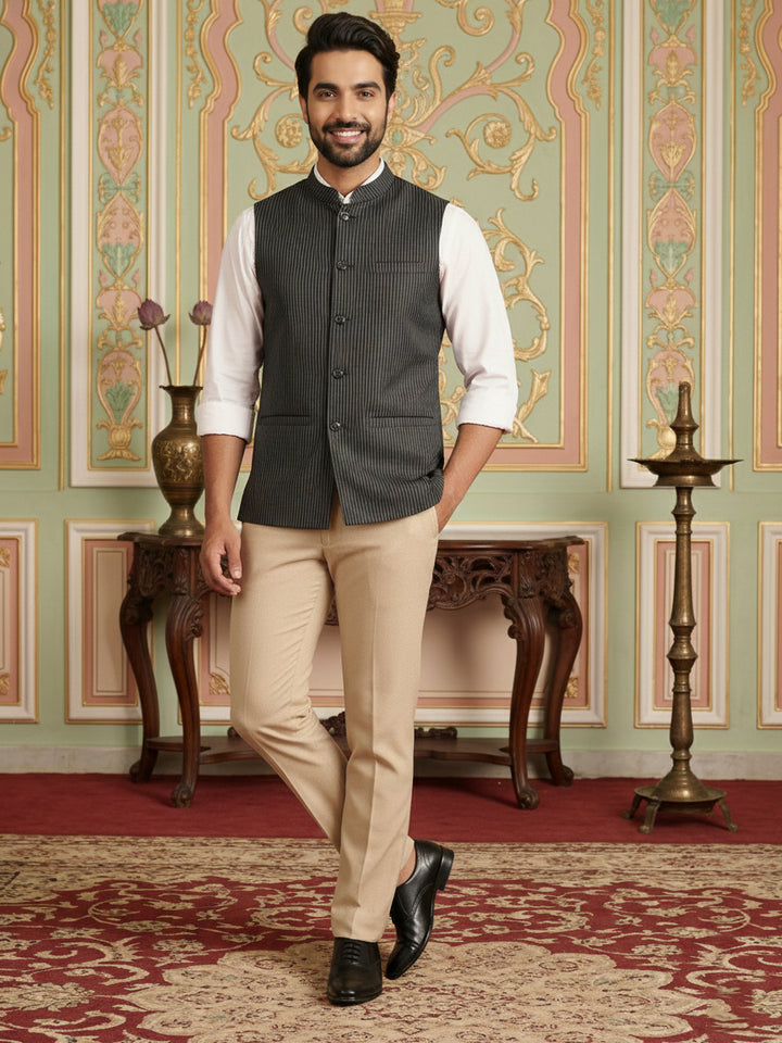 Navy Striped Woven Nehru Jacket For Men