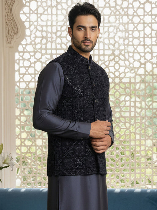 Navy Blue Embroidered Nehru Jacket  For Men