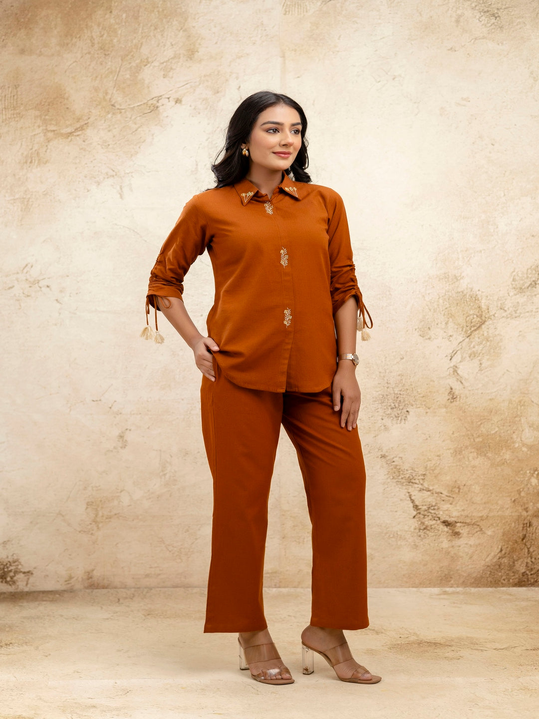 Brown Solid Shirt Collar Three-Quarter Sleeves Top & Trouser