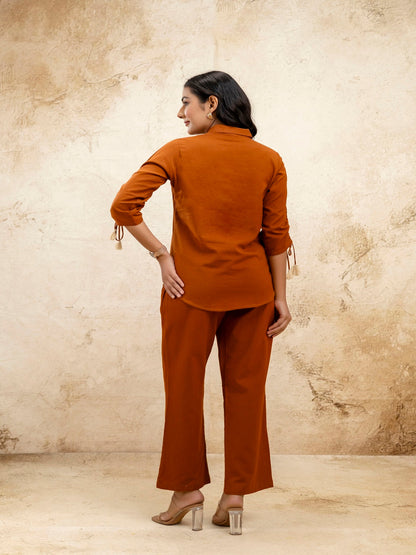 Brown Solid Shirt Collar Three-Quarter Sleeves Top & Trouser