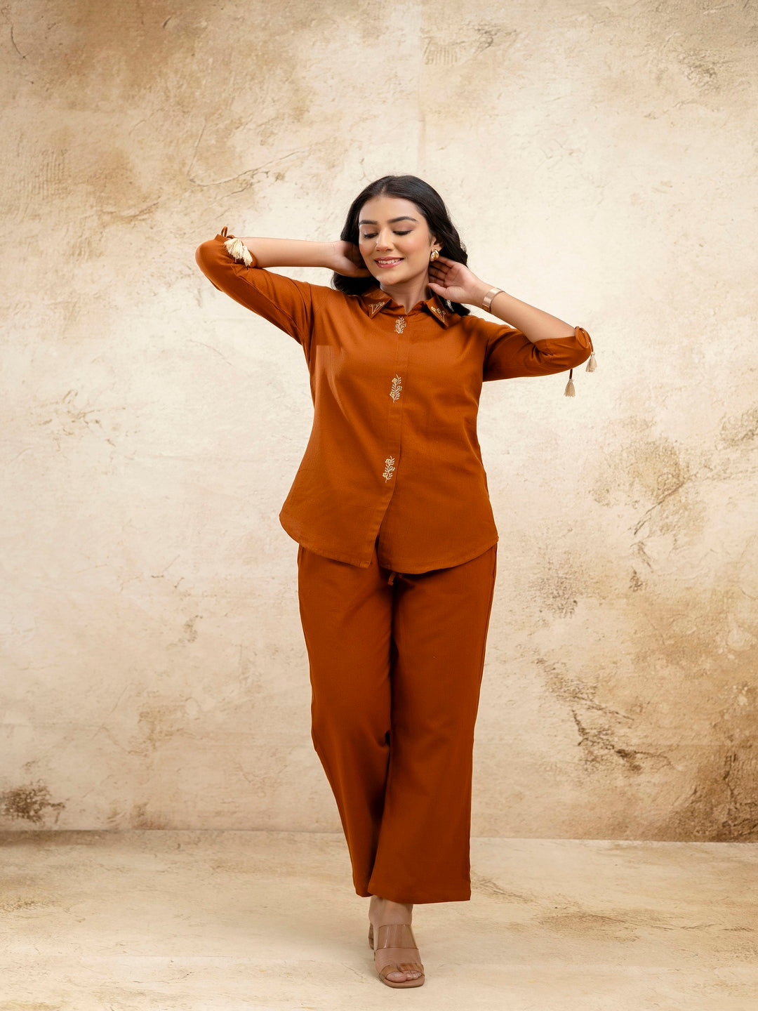 Brown Solid Shirt Collar Three-Quarter Sleeves Top & Trouser