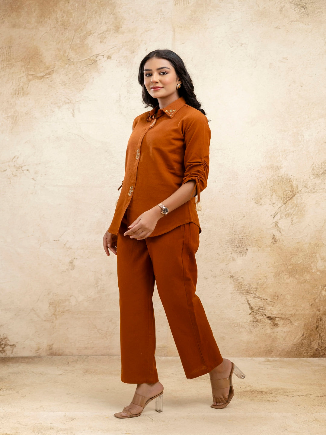 Brown Solid Shirt Collar Three-Quarter Sleeves Top & Trouser