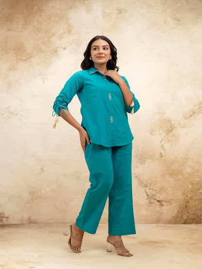 Sky Blue Solid Shirt Collar Three-Quarter Sleeves Top & Trouser