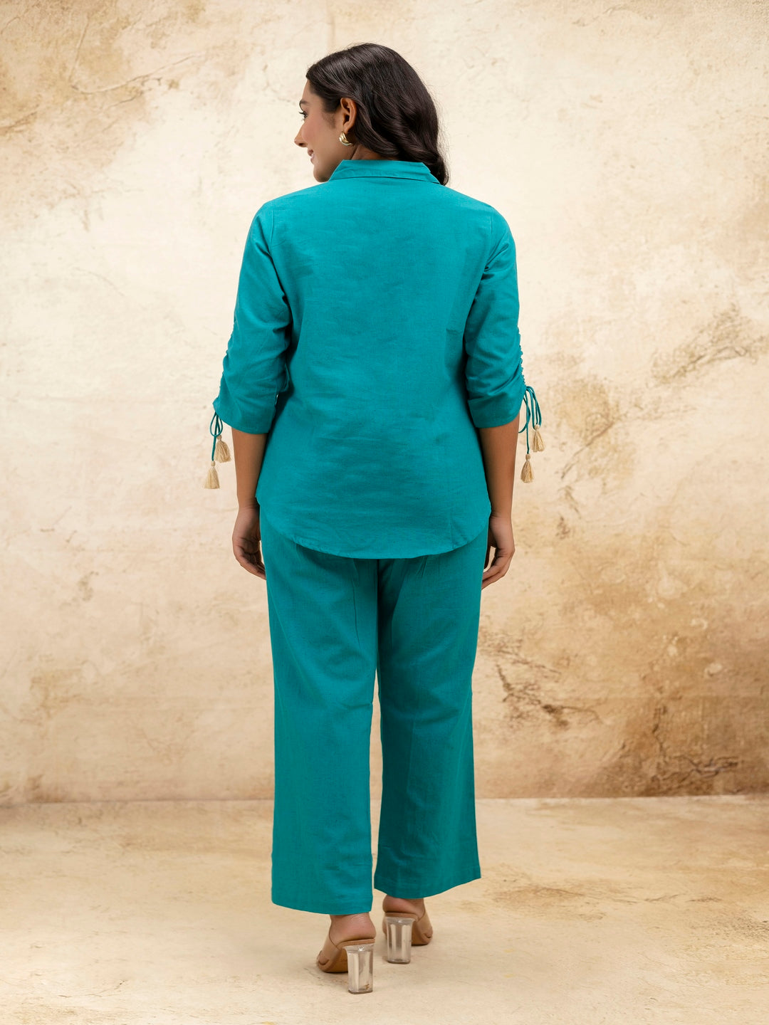 Sky Blue Solid Shirt Collar Three-Quarter Sleeves Top & Trouser