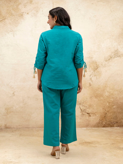 Sky Blue Solid Shirt Collar Three-Quarter Sleeves Top & Trouser
