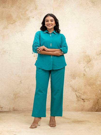 Sky Blue Solid Shirt Collar Three-Quarter Sleeves Top & Trouser
