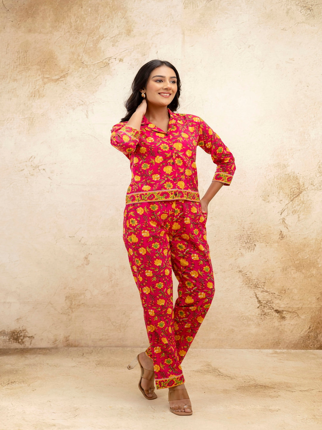 Pink Printed Shirt Collar Three-Quarter Sleeves Top & Trouser