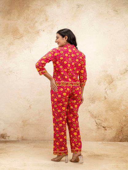 Pink Printed Shirt Collar Three-Quarter Sleeves Top & Trouser