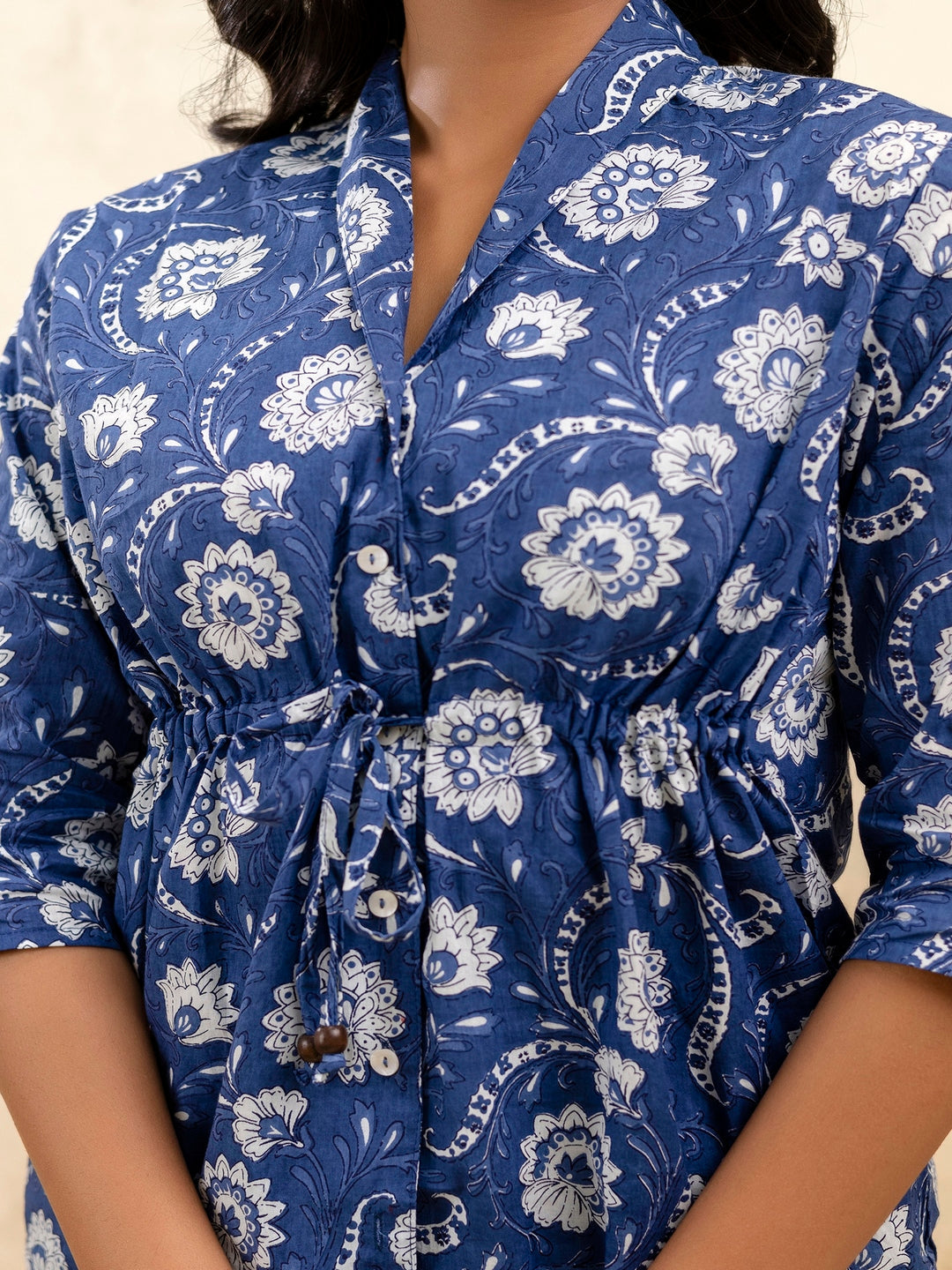 Blue Printed Shirt Collar Three-Quarter Sleeves Top & Trouser