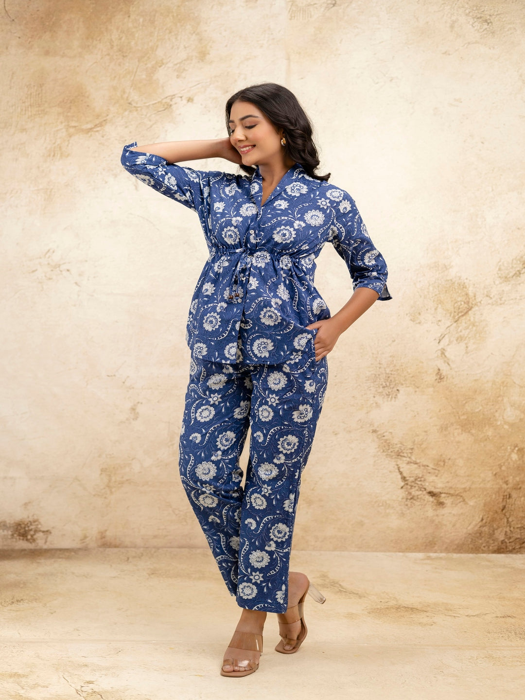 Blue Printed Shirt Collar Three-Quarter Sleeves Top & Trouser