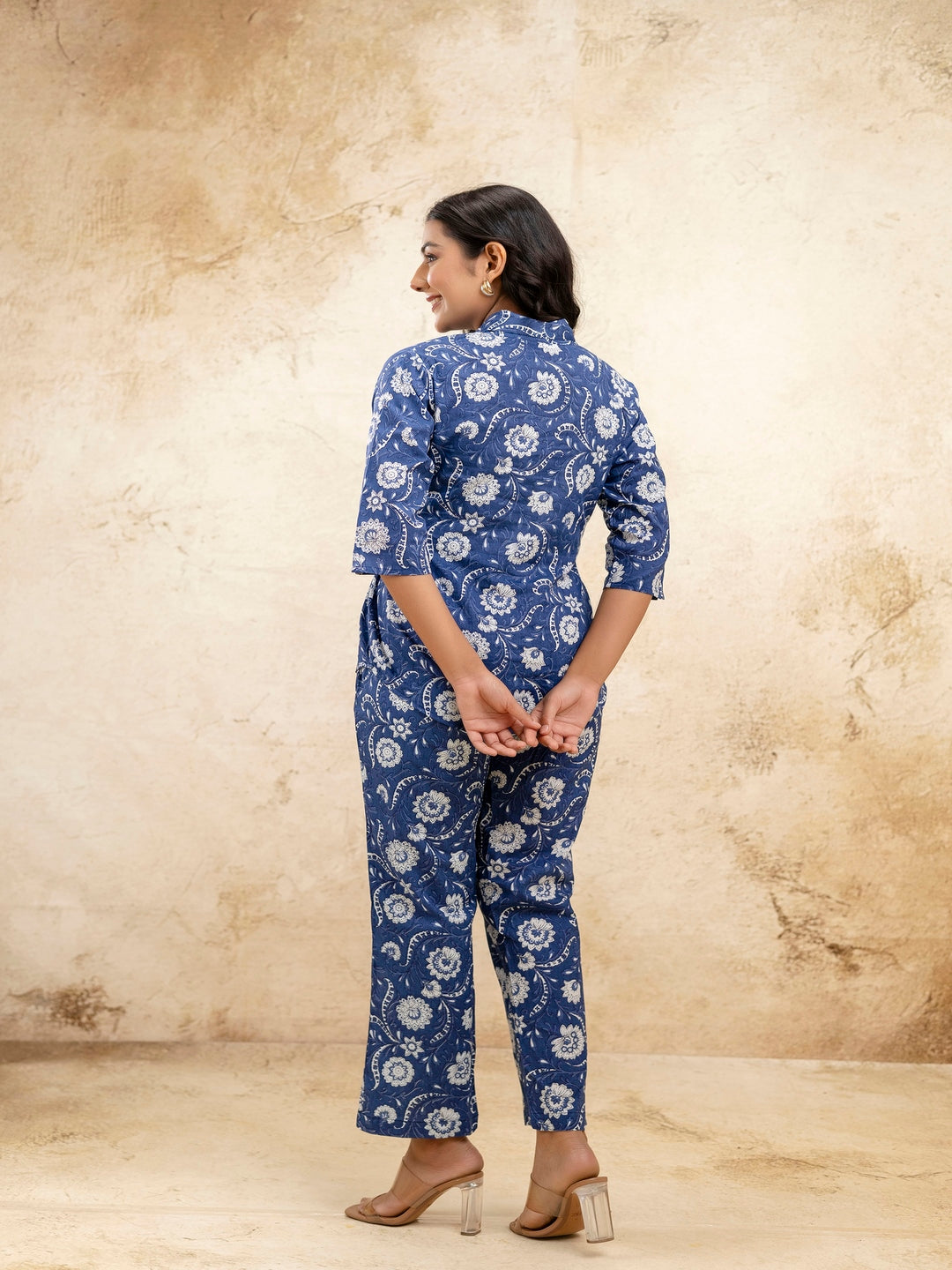 Blue Printed Shirt Collar Three-Quarter Sleeves Top & Trouser