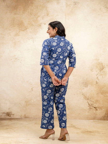 Blue Printed Shirt Collar Three-Quarter Sleeves Top & Trouser