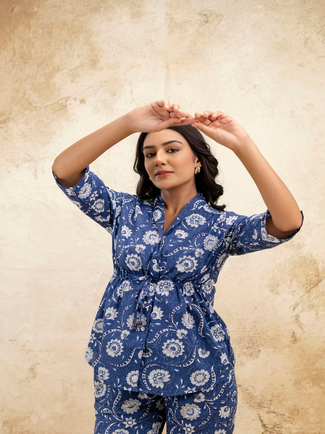 Blue Printed Shirt Collar Three-Quarter Sleeves Top & Trouser