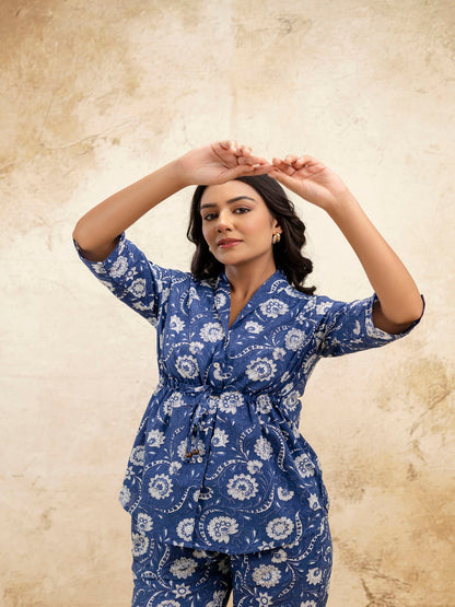 Blue Printed Shirt Collar Three-Quarter Sleeves Top & Trouser