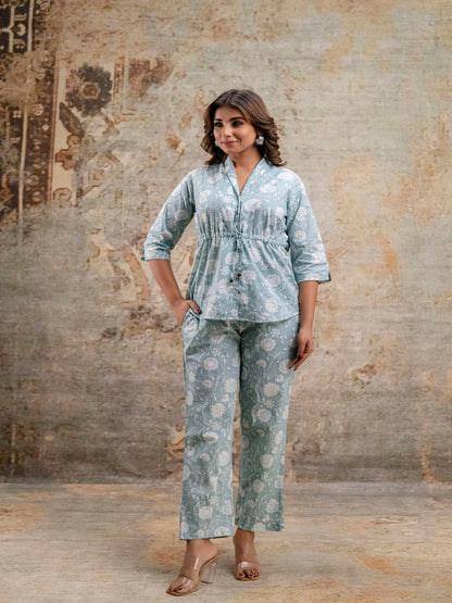 Grey Printed Shirt Collar Three-Quarter Sleeves Top & Trouser