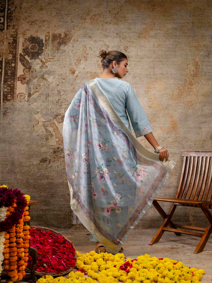 Embroidered Solid V-Neck Muslin Kurta & Pant With Dupatta