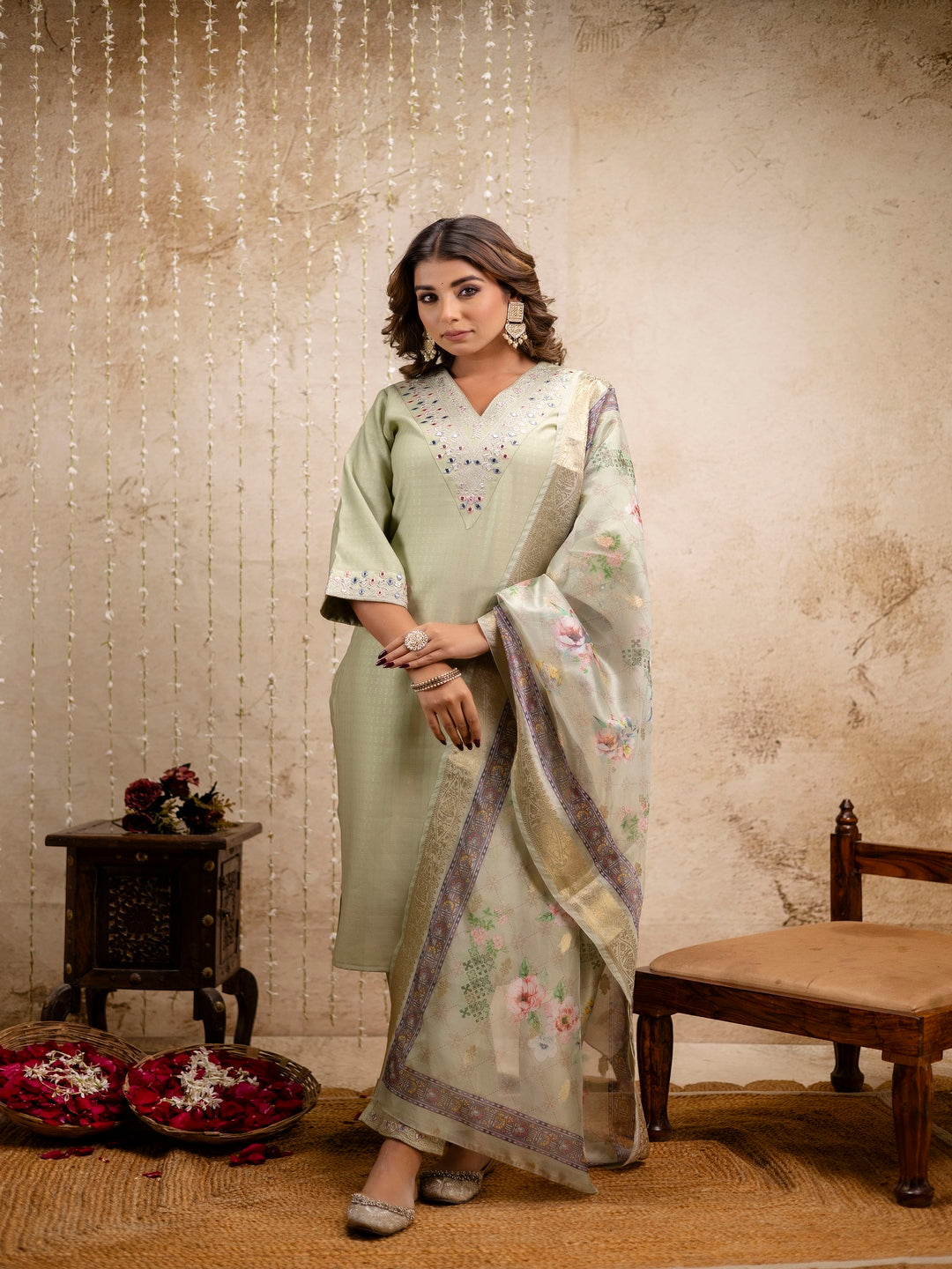 Embroidered Solid V-Neck Muslin Kurta & Pant With Dupatta