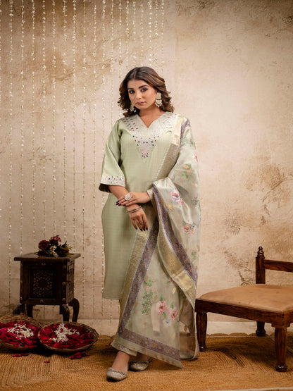 Embroidered Solid V-Neck Muslin Kurta & Pant With Dupatta