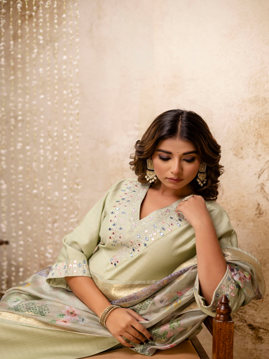 Embroidered Solid V-Neck Muslin Kurta & Pant With Dupatta